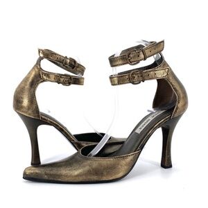 Steve Madden LIV Gold Gunmetal Leather Strappy High Heel Pumps Sandals Size 8.5